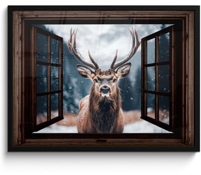 Poster in lijst - Fotolijst 70x50 cm - Posters - Doorkijk - Hert - Dieren - Landschap - Winter - Sneeuw - Landelijk - Posterlijst zwart - Decoratie - Wanddecoratie woonkamer - Muurdecoratie slaapkamer