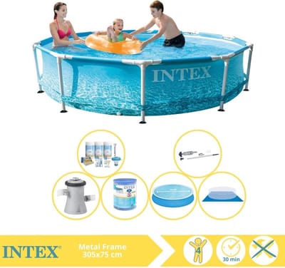 Intex Rond Frame Zwembad - 305 x 76 cm - Waterprint - Inclusief Solarzeil - Onderhoudspakket - Zwembadfilterpomp - Filter - Grondzeil - Stofzuiger - 7-delig