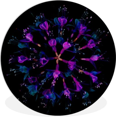 WallCircle® Wandcirkel 120x120 cm - Muurcirkel Bloem - Paars - Blauw - Macro - Zwart - Muurdecoratie woonkamer - Wanddecoratie slaapkamer - Kamer decoratie accessoires - Ronde schilderijen XXL