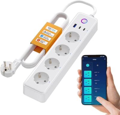 Slimme WLAN Verlengsnoer met 4 Stopcontacten, 1 USB en 2 Type-C Poorten, Afzonderlijk Schakelbaar, Compatibel met Alexa en Google Assistant