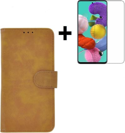 Geschikt voor Samsung Galaxy A71 / A71s Hoes Wallet Book Case Cover Pearlycase Bruin + Screenprotector Tempered Gehard Glas