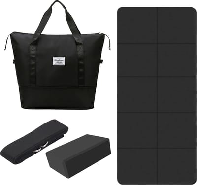 Yoga Reis Set – 4-Delige Yoga Starterset met Lichtgewicht Yogamat, Yogablok, Yogariem en Draagtas – Zwart