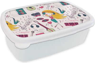 Broodtrommel Wit - Lunchbox - Brooddoos - Meiden - Muziek - Koptelefoon - Patronen - Girl - Roze - Kinderen - Kind - 18x12x6 cm - Volwassenen