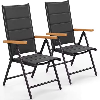 J&R Set van 2 tuinstoelen – Klapstoelen opvouwbaar – 7-Standen verstelbaar – Aluminium – Zwart met houtlook armleuningen