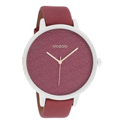 OOZOO Timepieces - Zilverkleurige horloge met bordeaux rode leren band - C10408