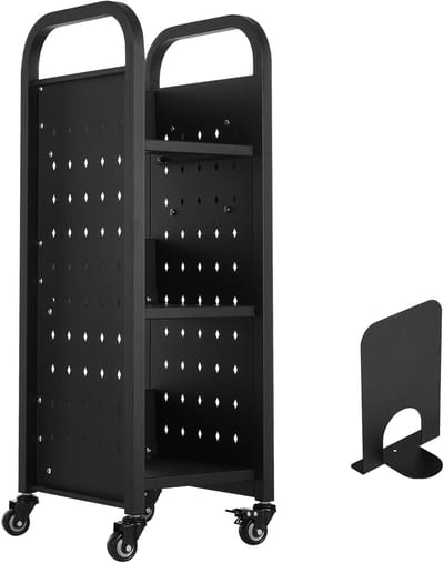 Rolbare Bibliotheekboekenkar, Draagvermogen 220 Lbs, 12,6 X 13,8 X 36,8 Inch, Enkelzijdige L-Vormige Planken met 2 Inch Vergrendelbare Wielen, Boekenkar voor Thuis, Op Kantoor En Op School, Zwart