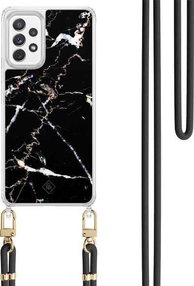 Casimoda® hoesje met koord - Geschikt voor Samsung A52(s) - Marmer Zwart - Afneembaar koord - TPU/polycarbonaat - Zwart