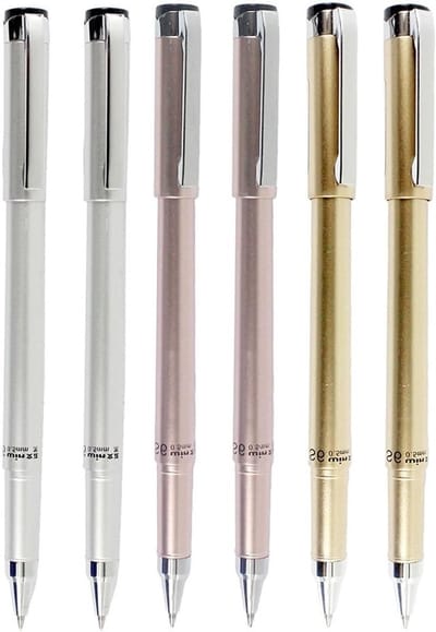 Set van 6 metalen gelpennen voor studenten en kantoor, 0.5mm punt, zwart in 3 kleuren