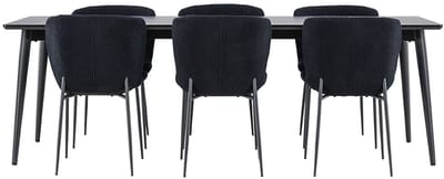 Ellis eethoek tafel 85x230cm en 6 teddy stoelen zwart.