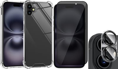 Hoesje geschikt voor iPhone 16 - Privacy Screenprotector Volledig Dekkend Glas & Camera - Shockproof Transparant met Extra Hoekbescherming