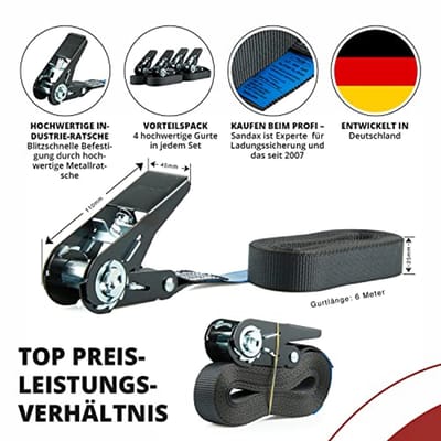 SnelShoppen - 4-delige spanbandenset met ratel - duurzame spanriemen 6m x 25mm - zwart - TÜV-gecertificeerd - belastbaar tot 900kg - ideaal voor vervo