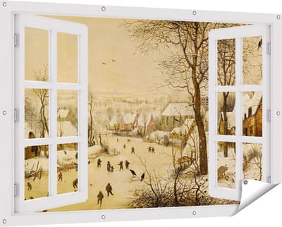 Gards Tuinposter Doorkijk Winterlandschap met Schaatsers en Vogelknip - Pieter Bruegel de Oude - 150x100 cm - Tuindoek - Tuindecoratie - Wanddecoratie buiten - Tuinschilderij