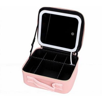 Trousse de maquillage avec miroir LED 3 couleurs réglable et dimmable Organisateur de voyage pour cosmétiques avec 5 emplacements pour pinceaux 6 amovibles