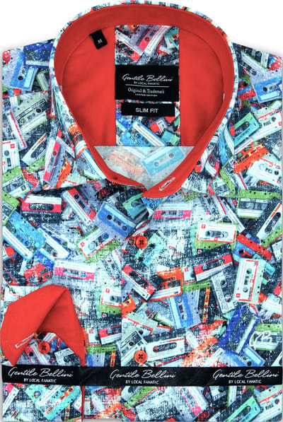 Heren Overhemd - Slim Fit - Cassette Tape Print - Oranje - Maat S