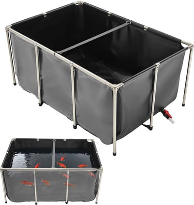 Canvas Visvijver, 1023,3 Liter Watertank, Pvc Koibak met Kijkvenster, Aquarium met Roestvrijstalen Frame & Aftapkraan, Geschikt voor Koi- En Goudviskweek (Zwart)