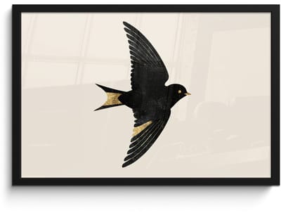 Poster in lijst - Fotolijst 60x40 cm - Posters - Zwarte zwaluw - Gouden accenten - Lichte achtergrond - Posterlijst zwart - Decoratie - Wanddecoratie woonkamer - Muurdecoratie slaapkamer
