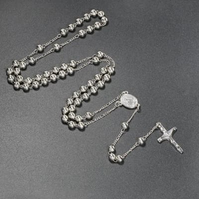 Colliers de Rosaire à Perles Métalliques 6MM Pour Femmes Hommes Longue Chaîne Pendentif Croix Crucifix Bijoux de Prière Religieuse