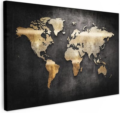 Canvas Schilderij Wereldkaart - Muurdecoratie Kunst - Woonkamer Decoreren - Kant-en-klaar - 120x80cm - Goud