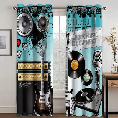 Rockmuziekgordijnen voor slaapkamer, woonkamer, tienerjongens, elektronisch muziekinstrument, gordijn, gitaar, drum, luidspreker, raamgordijnen W50xH130(CM)x2PCS-Rod pocket gray