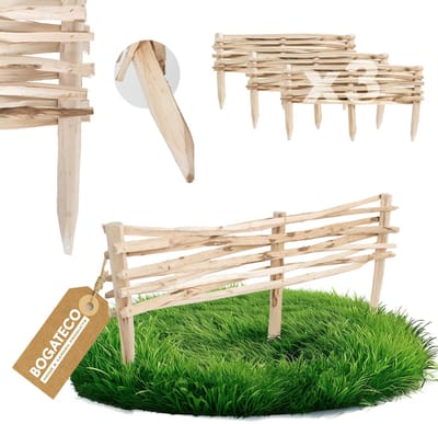 BOGATECO Hazelnoot Insteekhek Set van 3 - 90 x 20 cm - Tuinhek & Bedborder - Natuurlijk Pikethekwerk - Natuurlijk