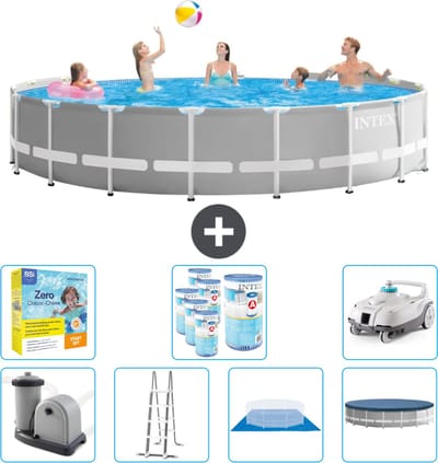 Intex Rond Prism Frame Zwembad - 548 x 122 cm - Grijs - Inclusief Pomp - Ladder - Grondzeil - Afdekzeil Onderhoudspakket - Filters - Stofzuiger