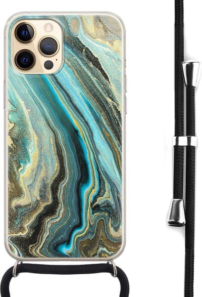 Hoesje met koord - Geschikt voor iPhone 12 - Marmer mint - Verstelbaar zwart koord - Transparant, Blauw - Marmer - Leuke Telefoonhoesjes