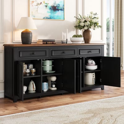 MODFU - Dressoir - 3 Lades En 4 Deuren - Modern - Voor Woonkamer - MDF - Zwart - 160 X 35 X 76 Cm