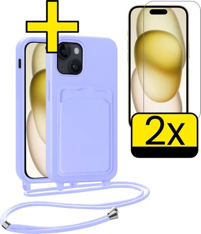 Hoesje Geschikt voor iPhone 14 Pro Max Telefoonhoesje Met Koord Case Pashouder Met 2x Screenprotector Siliconen - Hoes Geschikt voor iPhone 14 Pro Max Hoesje Met Kaarthouder - Lila