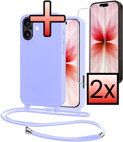 Hoes Geschikt voor iPhone 17 Met Telefoonkoord Met 2x Screenprotector - Siliconen Hoesje Backcover Met Ketting - Lila