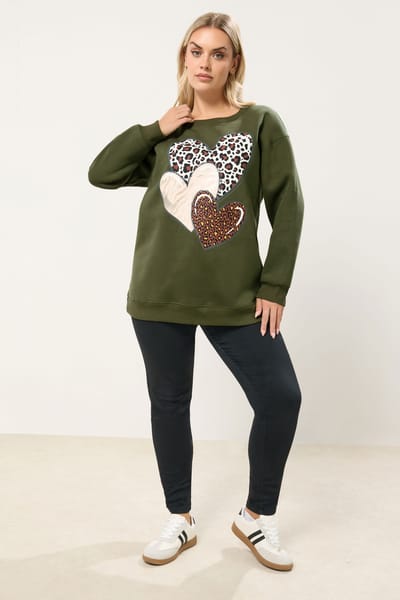 Yours Kakigroen Sweatshirt Met Luipaardprint En Hartjes Size 44
