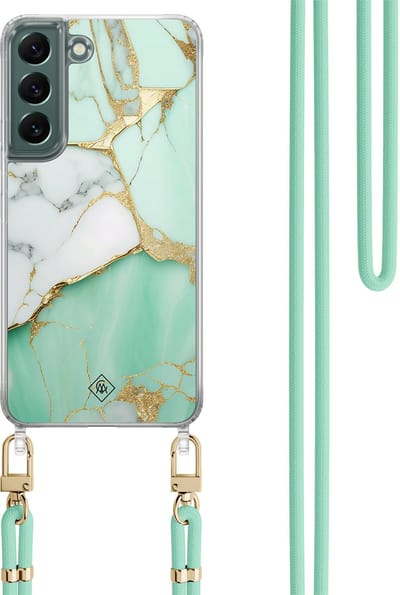 Casimoda® hoesje met mintgroen koord - Geschikt voor Samsung S22 Plus - Marmer Mintgroen - Afneembaar koord - TPU/polycarbonaat - Mint