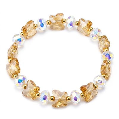 Goudkleurige en transparante kralen armband voor dames – elastische armband met glaskralen en fonkelende details