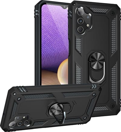 Hoesje Geschikt Voor Samsung Galaxy A32 Hoesje - Galaxy A32 5G Zwart hoesje Anti-Shock Hybrid Armor case Ring houder TPU backcover met kickstand