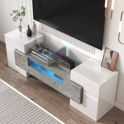 Wishdor Tv-Meubel - Hoogglans Wit Met Betonlook - Met Ledverlichting - Met 6 Deuren En 2 Laden - Spaanplaat - 145 X 30 X 51 Cm