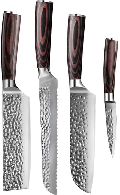 Shinrai Knives - Hammered RVS 4-delige Messenset - Santoku + Broodmes + Nakiri + Schilmes