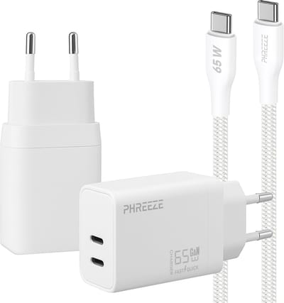 Phreeze usb C oplader 65w met usb C naar usb C kabel 1 meter - Power Delivery snellader met 2 usb C poorten voor laptop en telefoon