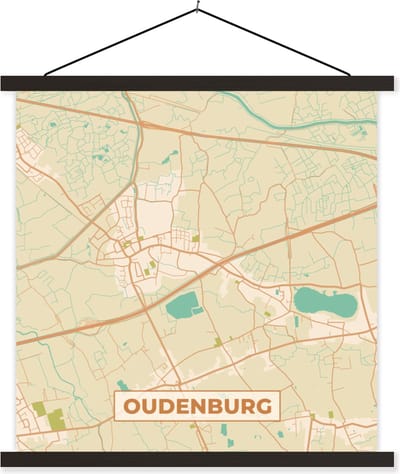 Posterhanger incl. Poster 60x60 cm - Schoolplaat - Plattegrond - Stadskaart - Kaart - Vintage - Oudenburg - Textielposter - Zwarte latten - Stadskaart