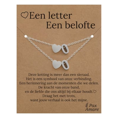 Letter O ketting + armband set op Cadeau Kaartje - Een letter, een belofte - Zilverkleurig Stainless Steel - Initiaal & Hartje Hanger - Pax Amare