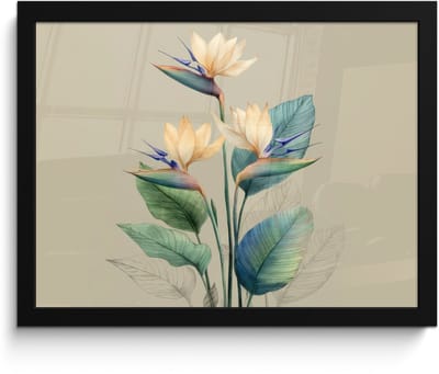 Poster in lijst - Fotolijst 40x30 cm - Posters - Paradijsvogelbloemen - Blauwgroene bladeren - Beige - Posterlijst zwart - Decoratie - Wanddecoratie woonkamer - Muurdecoratie slaapkamer