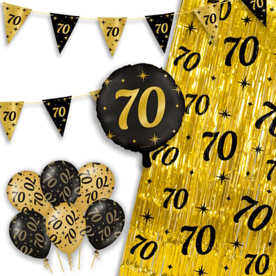 LUQ – Party Essentials 70 Jaar – Zwart-Goud Verjaardag Feest Versiering – Luxe Ballonnen-Slingers-Vlaggenlijn-Gordijn