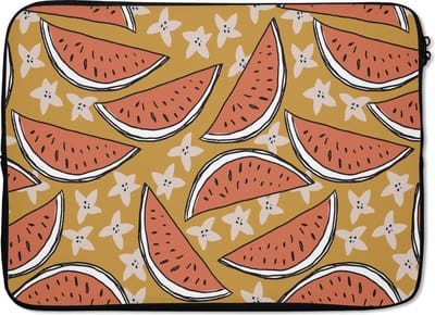 Laptophoes 14 inch - Zomer - Sterren - Watermeloen - Laptop sleeve - Binnenmaat 33x23 cm - Zwarte achterkant