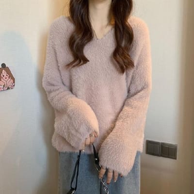 Zachte Wind Zachte Wasachtige Waterdichte Nerts Trui voor Dames Herfst en Winter Verdikt Losse Lazy Style V-hals Pullover Trui Top One size gray