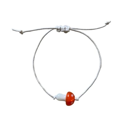 Luna-Leena duurzame kinderarmband paddenstoel - oranje - L15cm - handgemaakt in Nepal - mushroom beads - kids bracelet - accessoires - feest - cadeau - kinderfeestje - verjaardag - sieraad - voorjaar - oranje met witte stippen