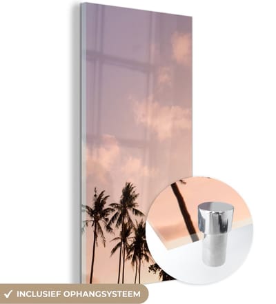 MuchoWow® Glasschilderij 60x120 cm - Schilderij acrylglas - Pastel - Lucht - Palmboom - Foto op glas - Schilderijen