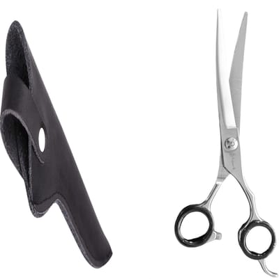 Professor Q Professionele Up Gebogen Hondenschaar – Zwart, 7.5 Inch (19.5 cm) – Ideaal voor Langharige Honden + Luxe Lederen Etui – 16,5 cm – Zwart