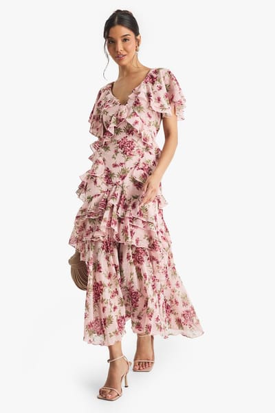 boohoo Dames Bloemen Ruffle Maxi Jurk | Roze | Maat: 44