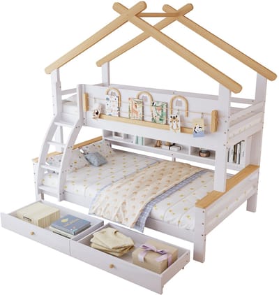 Merax Stapelbed voor Kinderen - Twee Laden op Wielen - Decoratief Dakontwerp - Viertraps Schuine Trap - Hout + MDF - Wit + Naturel - 90x200cm & 120x200cm