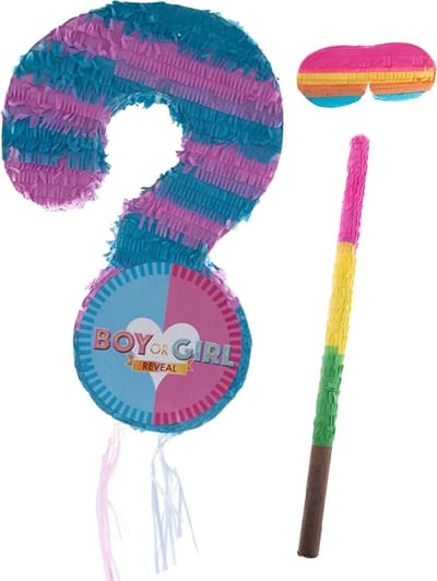Funny Fashion Pinata Gender reveal baby - 31 x 51 cm - papier - set met stok 54 cm en masker