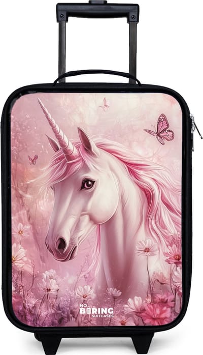 NoBoringSuitcases.com® - Kinderkoffer jongen - Kindertrolley meisje - Eenhoorn - Roze - Vlinders - Bloemen - Koffer kind lichtgewicht - Reiskoffer trolley voor kinderen - Koffertje met lichtgevende wieltjes - Rolkoffer zwart