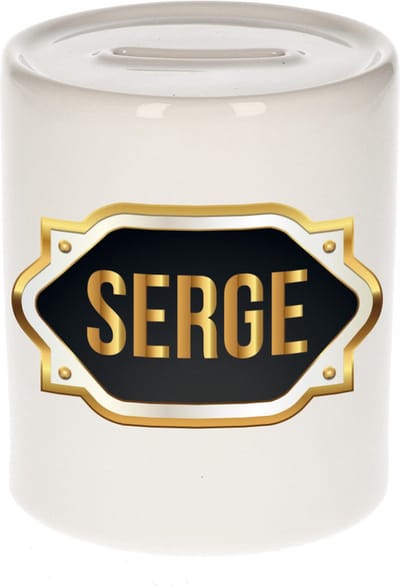 Spaarpot met voornaam Serge - wit - met goud/zwart embleem - 8 x 9 cm - keramiek - met afsluitdop - cadeau verjaardag
